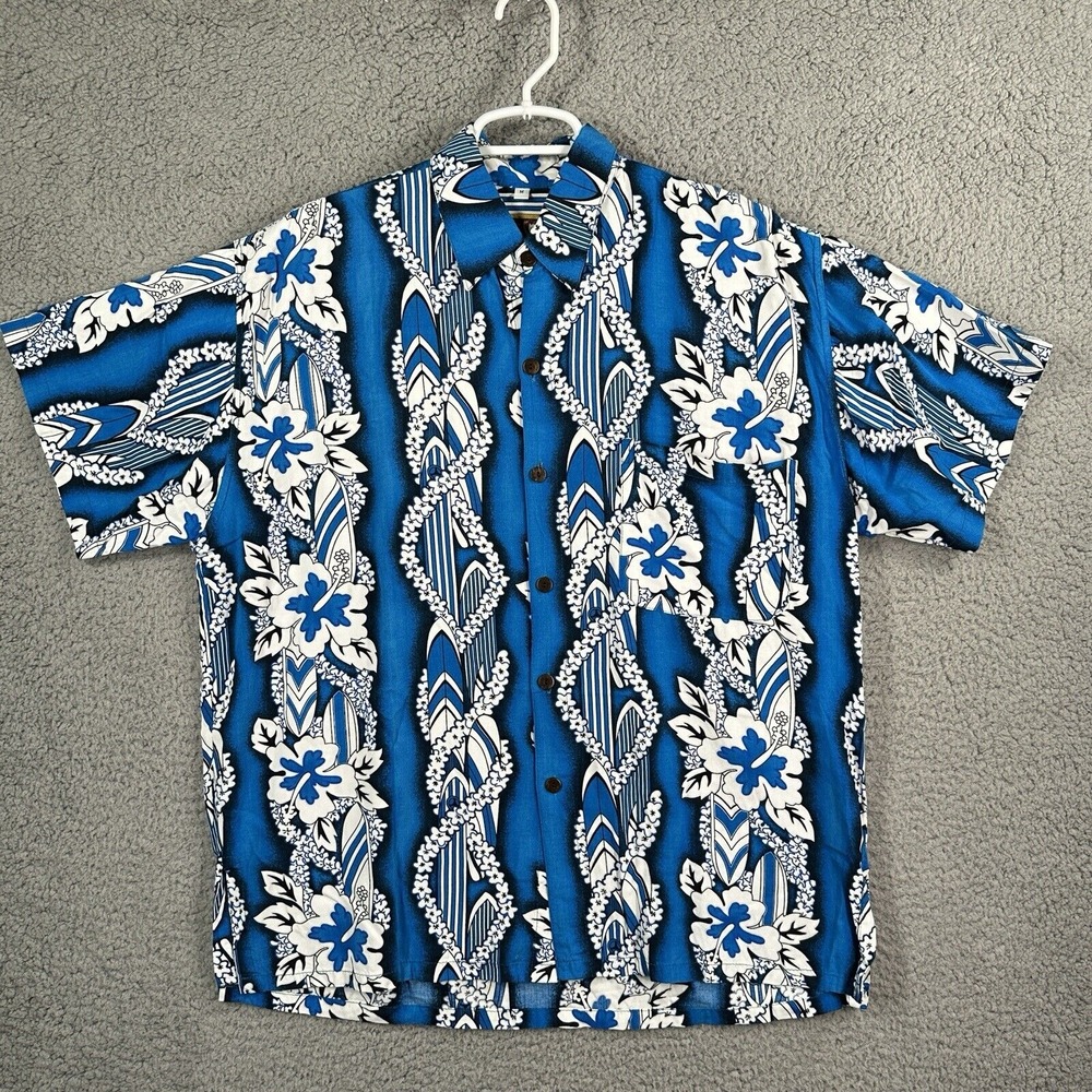 Vintage Blue‎ Sky Apparel Blue Hawaiian Shirt Mens XL Short Floral Leis Tropical